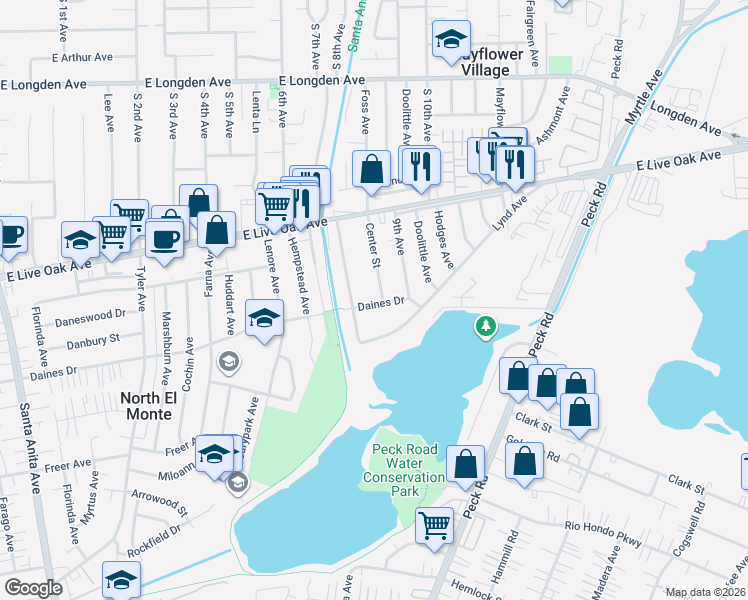 map of restaurants, bars, coffee shops, grocery stores, and more near 4065 Daines Drive in Arcadia