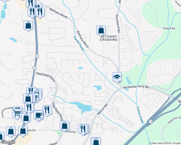 map of restaurants, bars, coffee shops, grocery stores, and more near 13456 Aventide Lane in Alpharetta