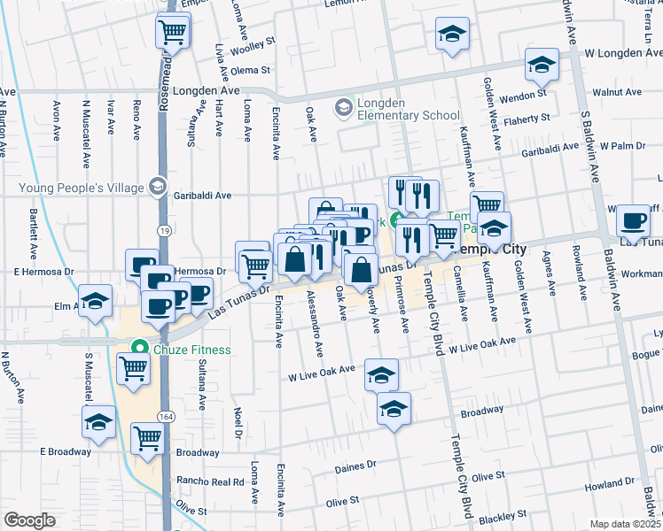 map of restaurants, bars, coffee shops, grocery stores, and more near 9449 1/4 East Las Tunas Drive in Temple City