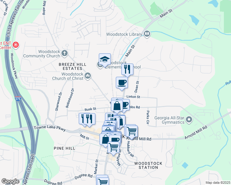map of restaurants, bars, coffee shops, grocery stores, and more near 113 Adair Walk in Woodstock