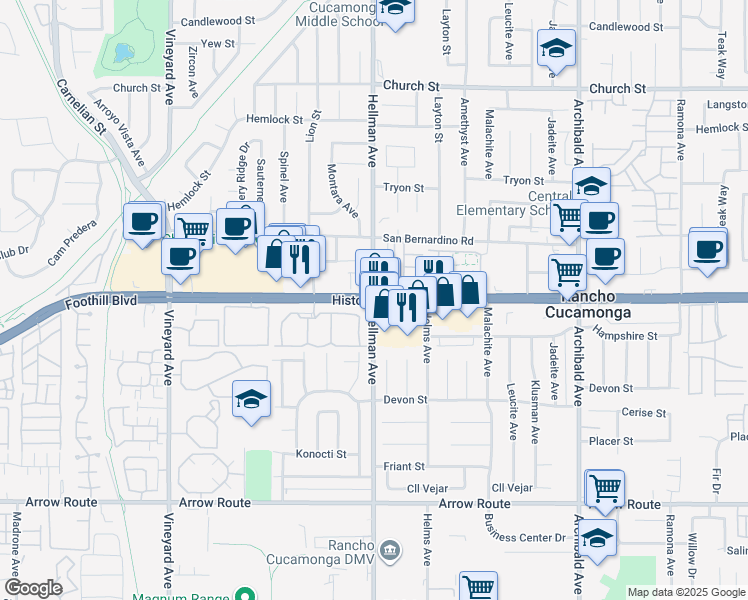 map of restaurants, bars, coffee shops, grocery stores, and more near Foothill Blvd & Hellman Ave in Rancho Cucamonga