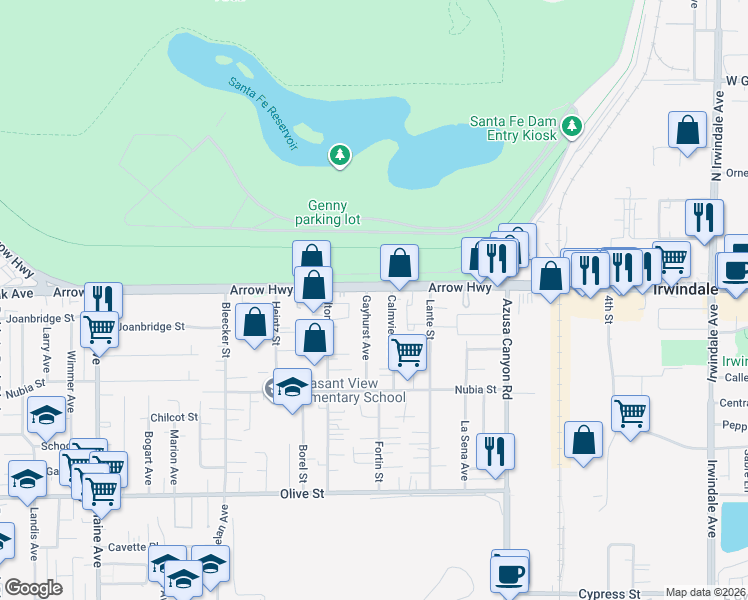 map of restaurants, bars, coffee shops, grocery stores, and more near 15204 Arrow Highway in Baldwin Park