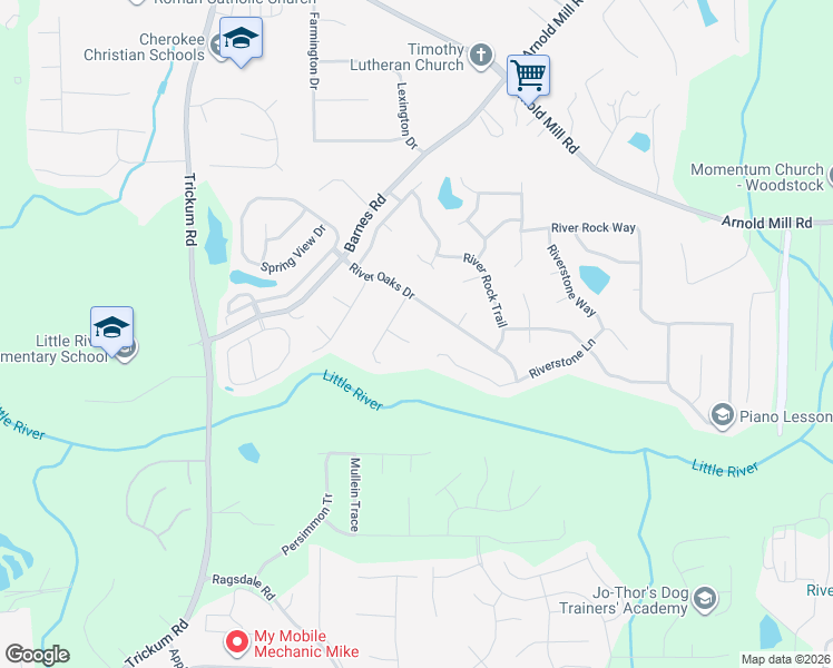 map of restaurants, bars, coffee shops, grocery stores, and more near 605 River Place Court in Woodstock