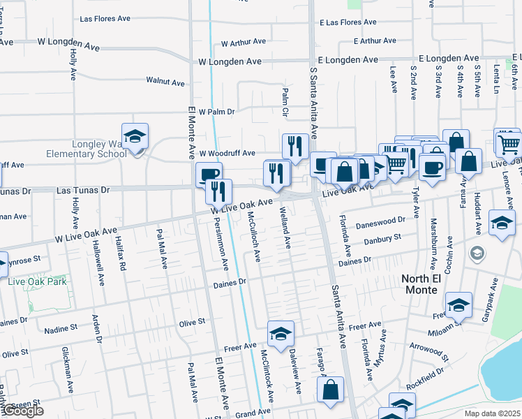 map of restaurants, bars, coffee shops, grocery stores, and more near 50 Las Tunas Drive in Arcadia