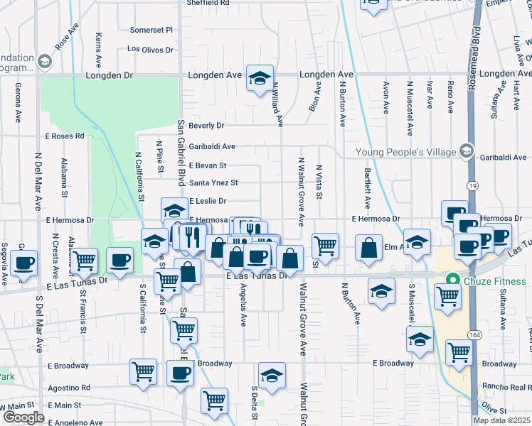 map of restaurants, bars, coffee shops, grocery stores, and more near 5908 North Del Loma Avenue in San Gabriel