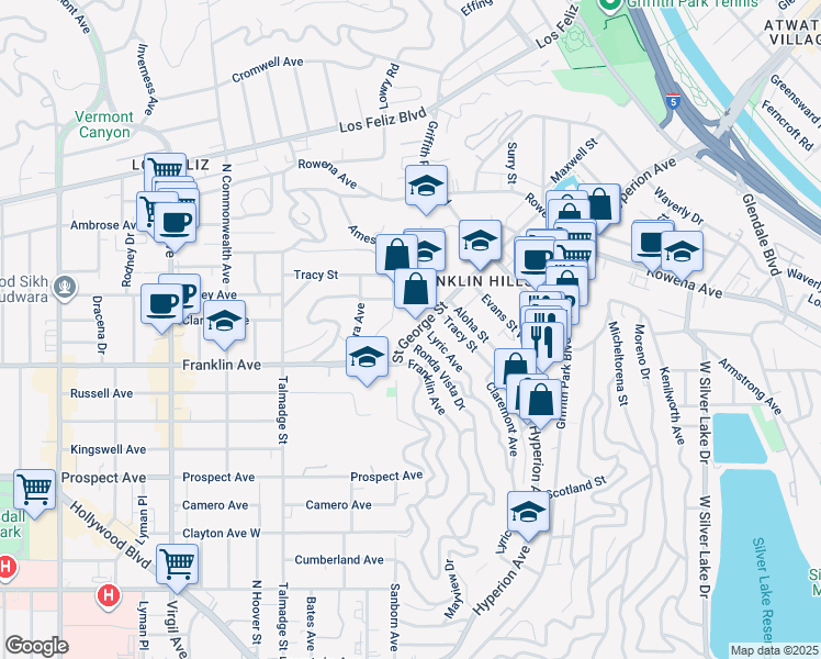 map of restaurants, bars, coffee shops, grocery stores, and more near 2411 Saint George Street in Los Angeles