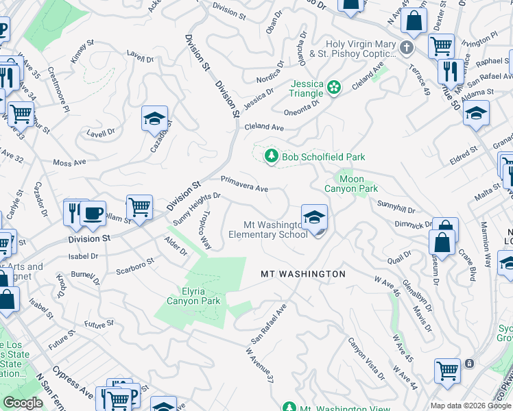 map of restaurants, bars, coffee shops, grocery stores, and more near 1749 Sunny Heights Drive in Los Angeles