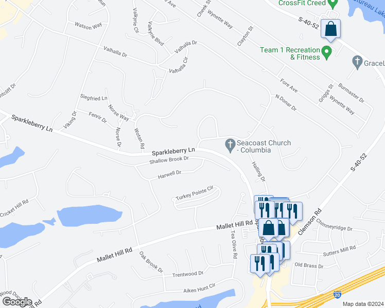 map of restaurants, bars, coffee shops, grocery stores, and more near 208 Shallow Brook Drive in Columbia