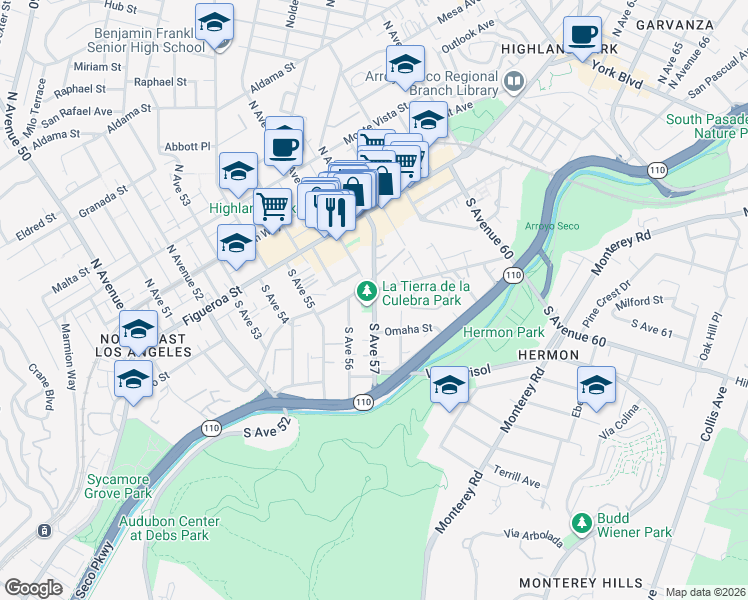 map of restaurants, bars, coffee shops, grocery stores, and more near South Avenue 57 in Los Angeles
