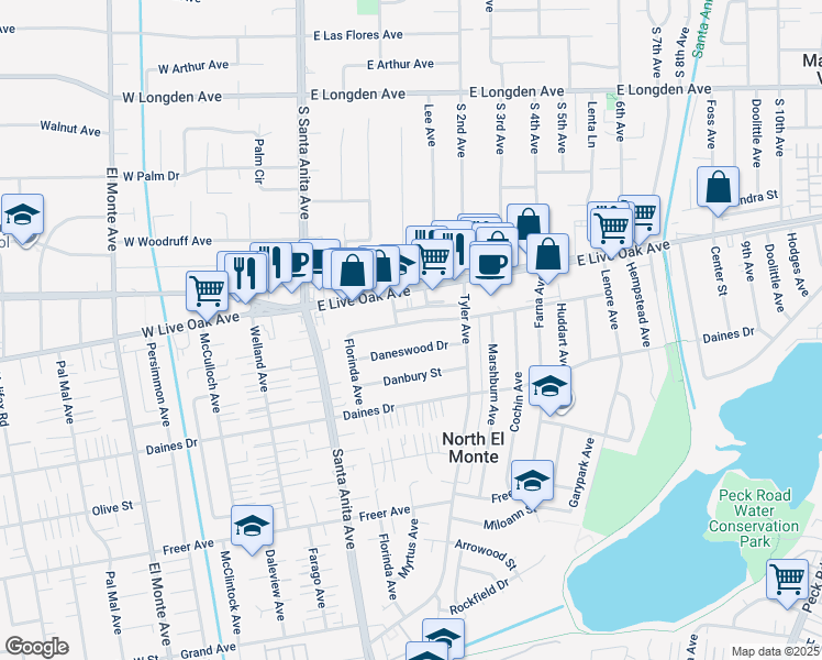 map of restaurants, bars, coffee shops, grocery stores, and more near 11212 Lynrose Street in Arcadia