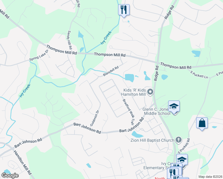 map of restaurants, bars, coffee shops, grocery stores, and more near 3189 Bradford Pear Drive in Buford
