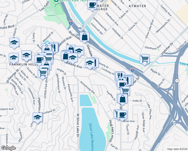 map of restaurants, bars, coffee shops, grocery stores, and more near 2778 Lakewood Avenue North in Los Angeles