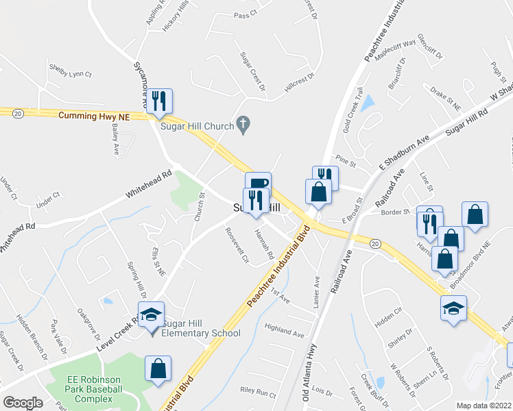 map of restaurants, bars, coffee shops, grocery stores, and more near 4973 West Broad Street in Buford