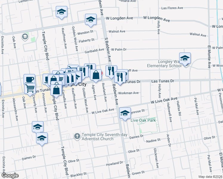 map of restaurants, bars, coffee shops, grocery stores, and more near 5819 Baldwin Avenue in Temple City