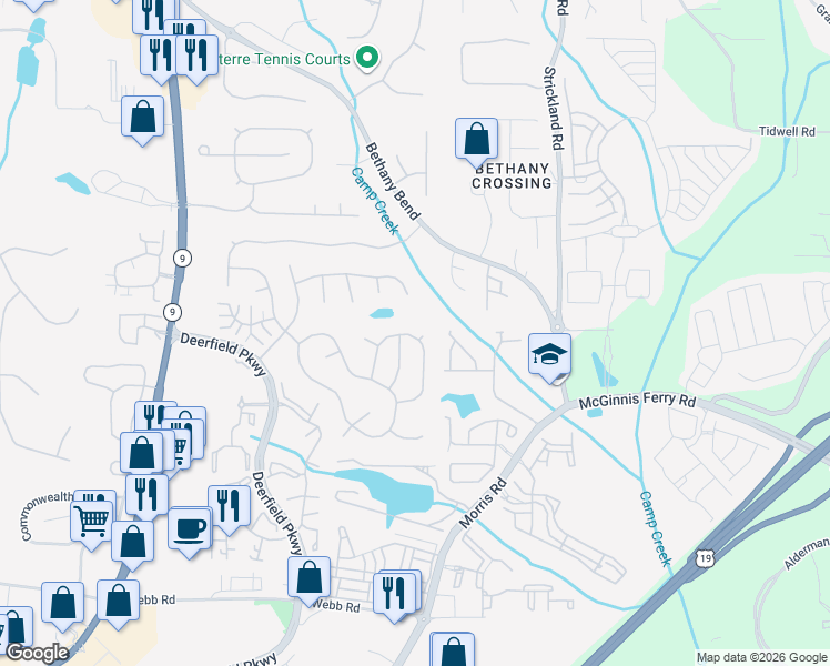 map of restaurants, bars, coffee shops, grocery stores, and more near 13446 Aventide Lane in Alpharetta