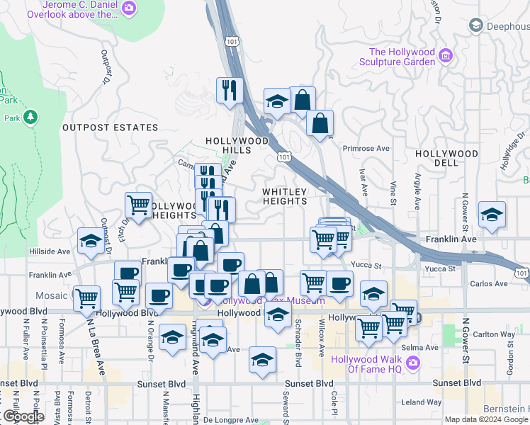 map of restaurants, bars, coffee shops, grocery stores, and more near 6640 Whitley Terrace in Los Angeles