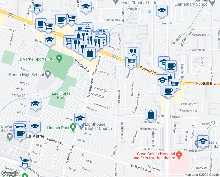 map of restaurants, bars, coffee shops, grocery stores, and more near 2647 College Lane in La Verne