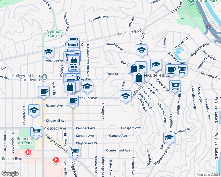 map of restaurants, bars, coffee shops, grocery stores, and more near 4189 Holly Knoll Drive in Los Angeles
