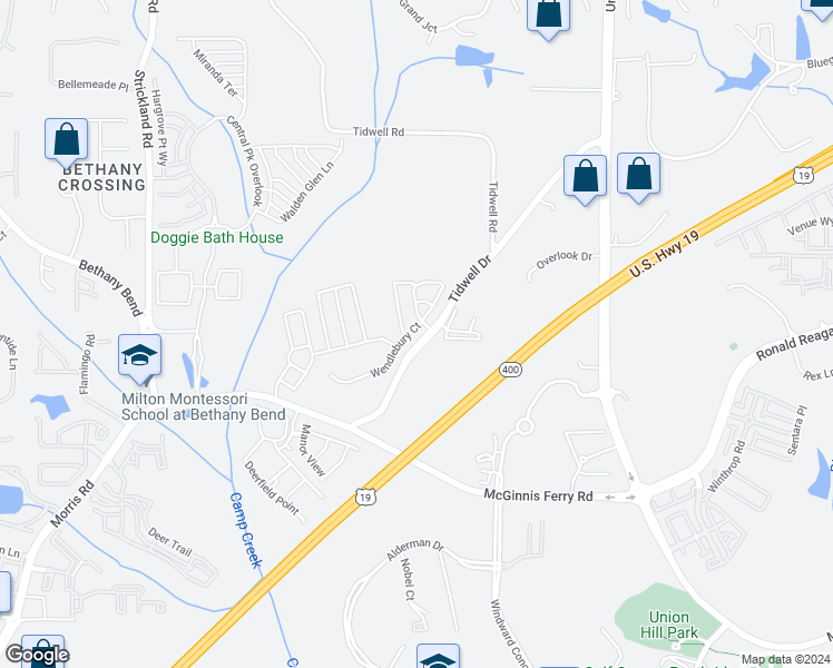 map of restaurants, bars, coffee shops, grocery stores, and more near 607 Wendlebury Court in Alpharetta