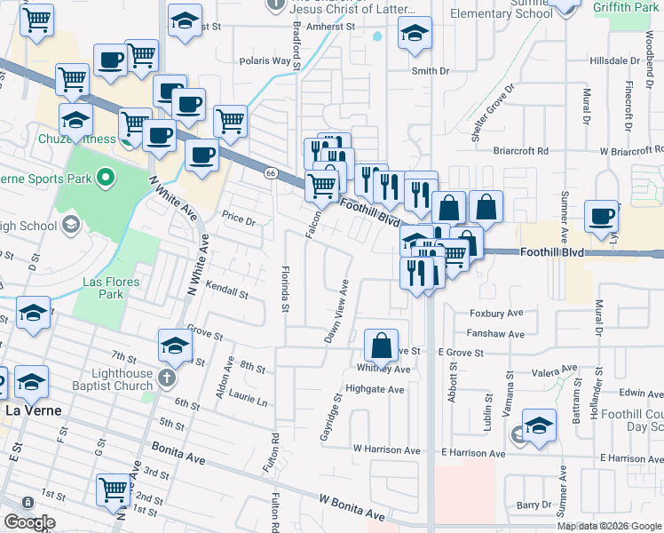 map of restaurants, bars, coffee shops, grocery stores, and more near 328 Fuego Avenue in Pomona
