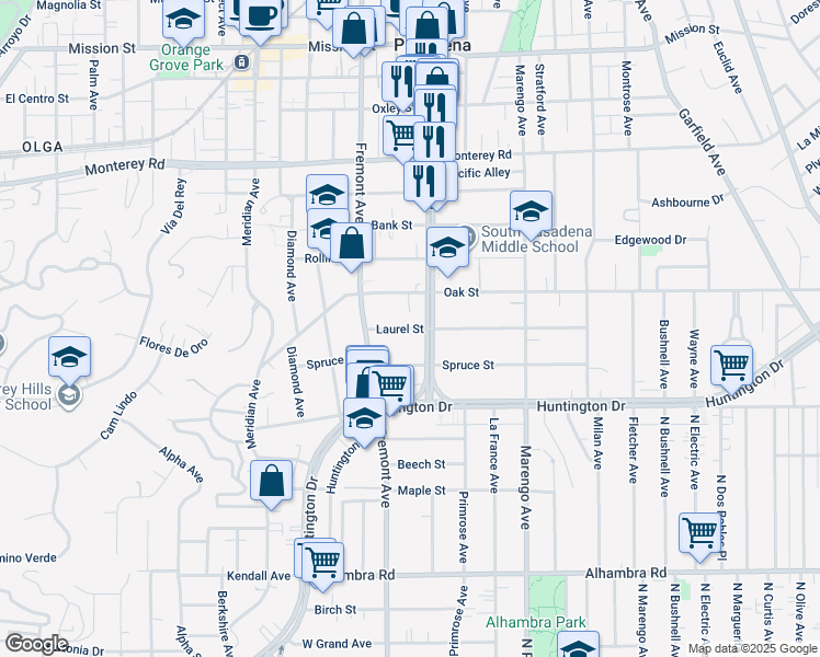 map of restaurants, bars, coffee shops, grocery stores, and more near 1617 Fair Oaks Avenue in South Pasadena