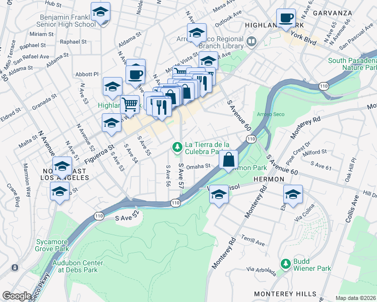 map of restaurants, bars, coffee shops, grocery stores, and more near 5730 Benner Street in Los Angeles
