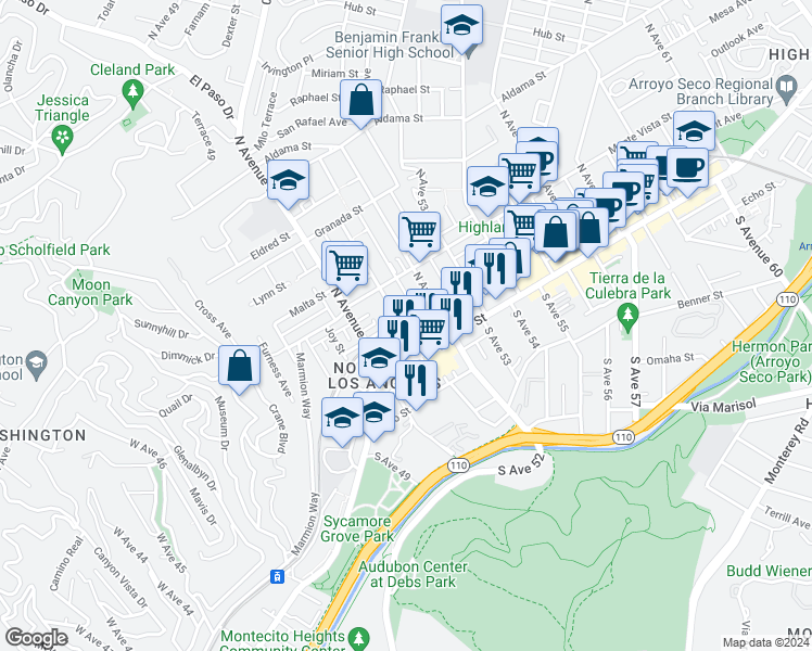 map of restaurants, bars, coffee shops, grocery stores, and more near 203 North Avenue 51 in Los Angeles