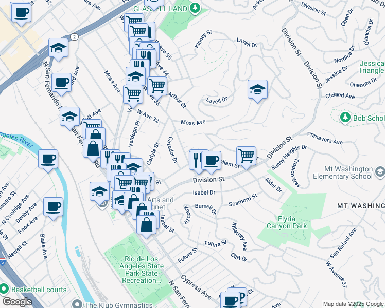 map of restaurants, bars, coffee shops, grocery stores, and more near 3329 Cazador Street in Los Angeles