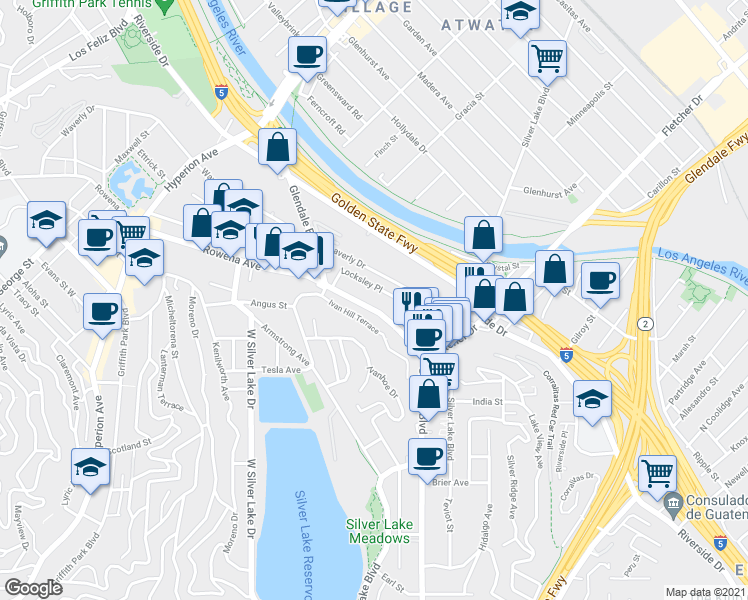 map of restaurants, bars, coffee shops, grocery stores, and more near 2687 Locksley Place in Los Angeles