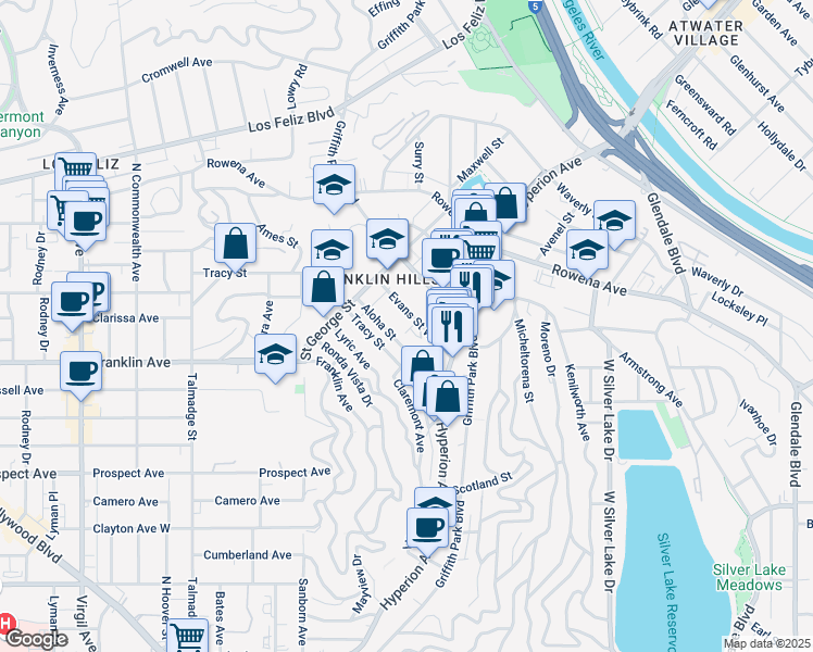 map of restaurants, bars, coffee shops, grocery stores, and more near 3822 Evans Street West in Los Angeles