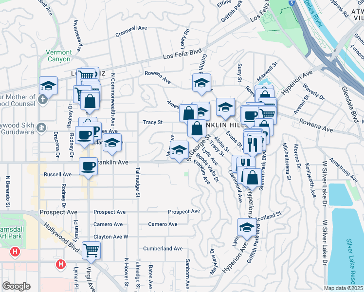 map of restaurants, bars, coffee shops, grocery stores, and more near 1956 Myra Avenue in Los Angeles