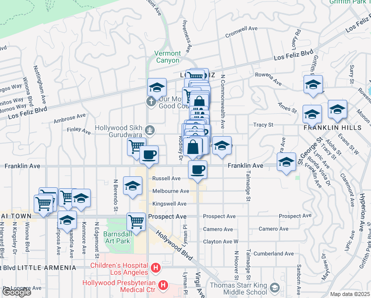 map of restaurants, bars, coffee shops, grocery stores, and more near 1952 Rodney Drive in Los Angeles