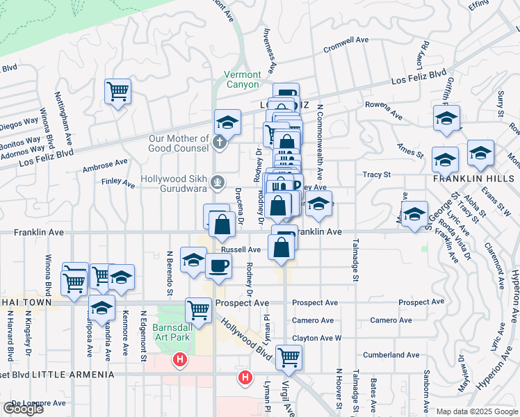 map of restaurants, bars, coffee shops, grocery stores, and more near 1952 Rodney Drive in Los Angeles