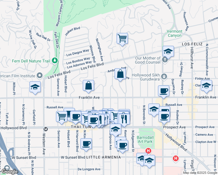 map of restaurants, bars, coffee shops, grocery stores, and more near 1960 1/2 North Alexandria Avenue in Los Angeles