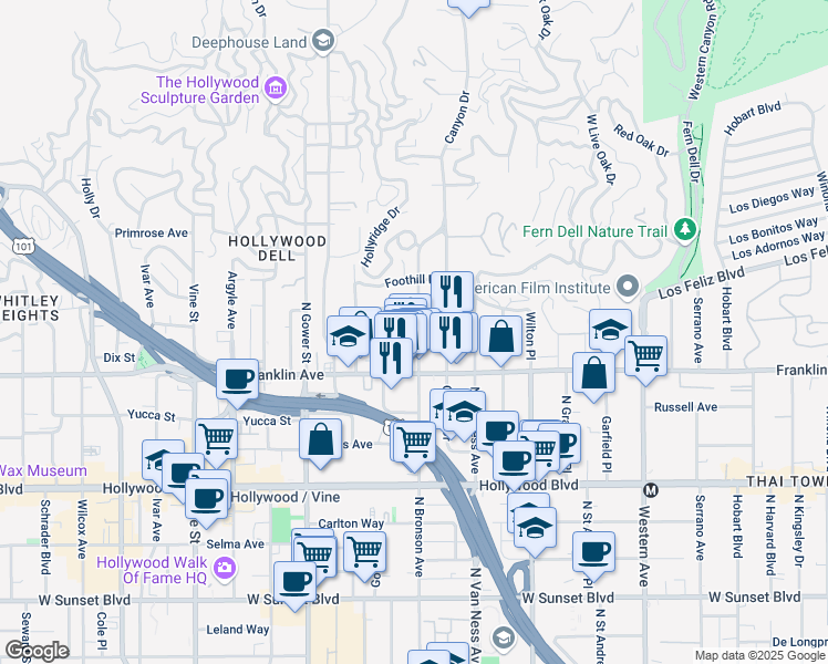map of restaurants, bars, coffee shops, grocery stores, and more near 5918 Chula Vista Way in Los Angeles