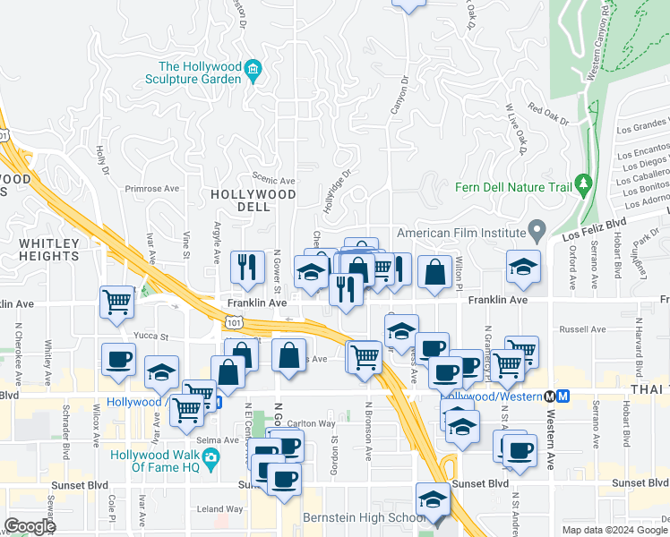 map of restaurants, bars, coffee shops, grocery stores, and more near in Los Angeles