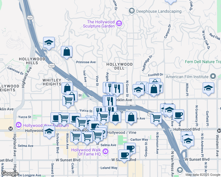 map of restaurants, bars, coffee shops, grocery stores, and more near 1957 Vista Del Mar Avenue in Los Angeles