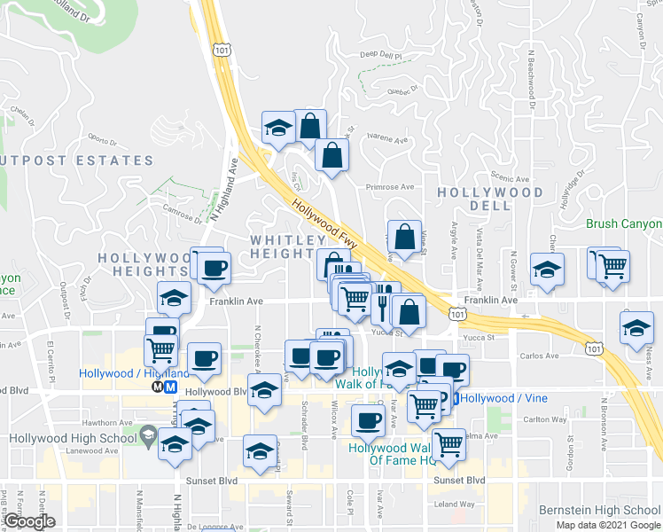 map of restaurants, bars, coffee shops, grocery stores, and more near 1958 North Cahuenga Boulevard in Los Angeles