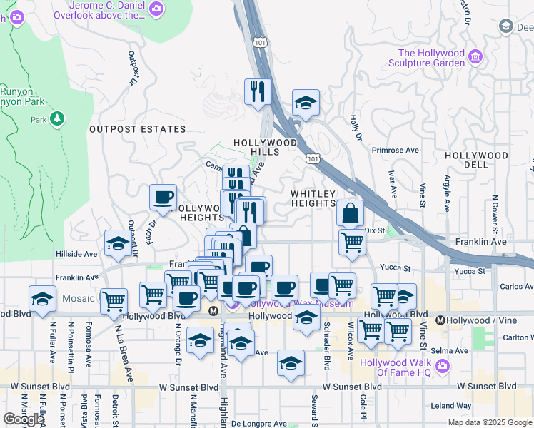 map of restaurants, bars, coffee shops, grocery stores, and more near 2010 North Highland Avenue in Los Angeles
