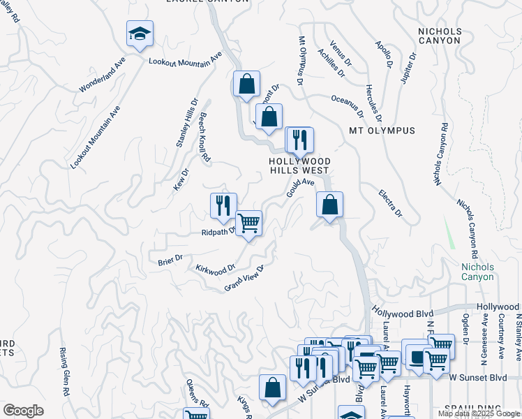 map of restaurants, bars, coffee shops, grocery stores, and more near 1925 Oakden Drive in Los Angeles