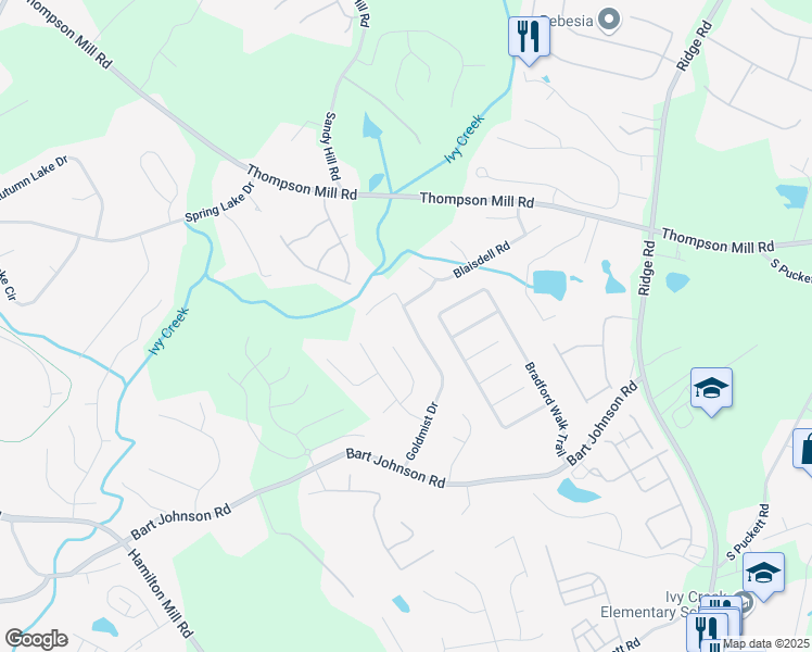 map of restaurants, bars, coffee shops, grocery stores, and more near 3220 Goldmist Drive in Buford