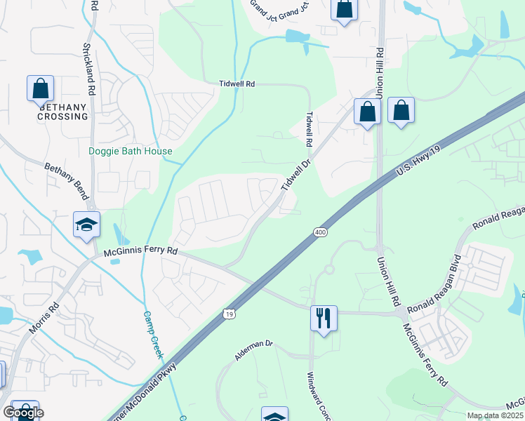 map of restaurants, bars, coffee shops, grocery stores, and more near 607 Wendlebury Court in Alpharetta