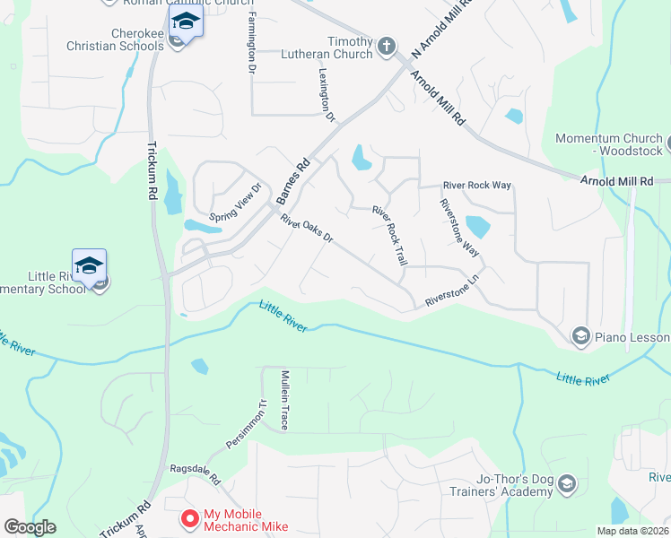 map of restaurants, bars, coffee shops, grocery stores, and more near 605 River Place Court in Woodstock