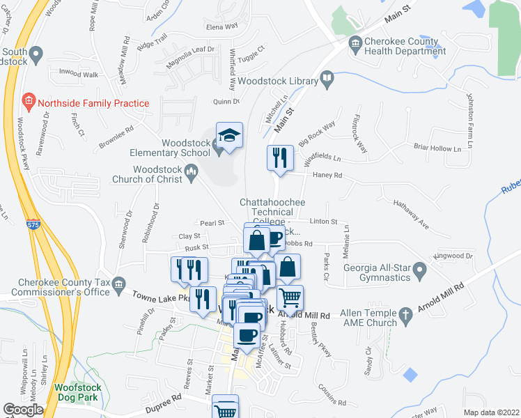map of restaurants, bars, coffee shops, grocery stores, and more near 8212 Main Street in Woodstock
