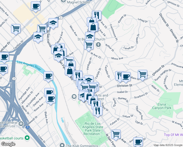 map of restaurants, bars, coffee shops, grocery stores, and more near 2329 West Avenue 31 in Los Angeles