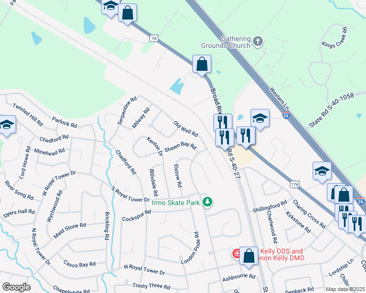 map of restaurants, bars, coffee shops, grocery stores, and more near 128 Shawn Bay Road in Irmo