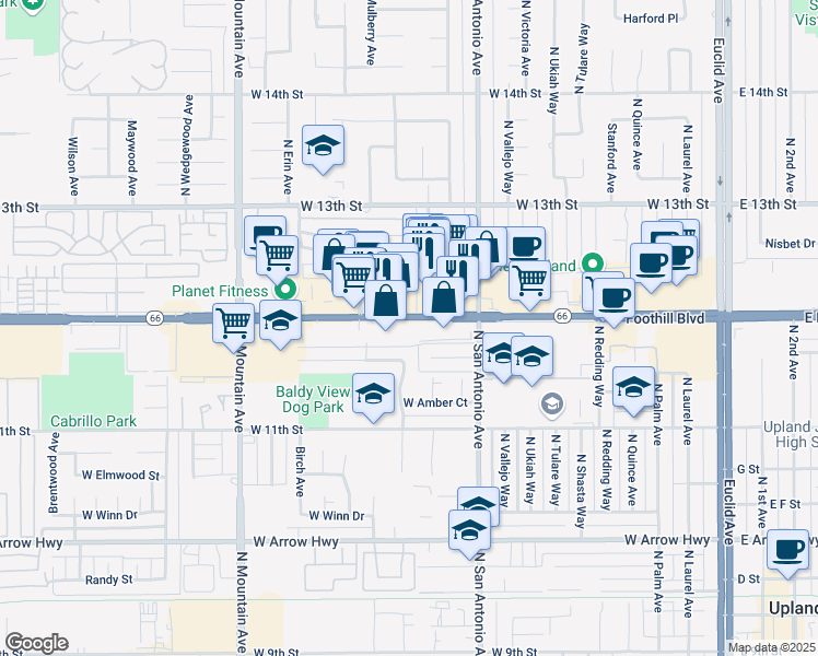 map of restaurants, bars, coffee shops, grocery stores, and more near 887 West Foothill Boulevard in Upland