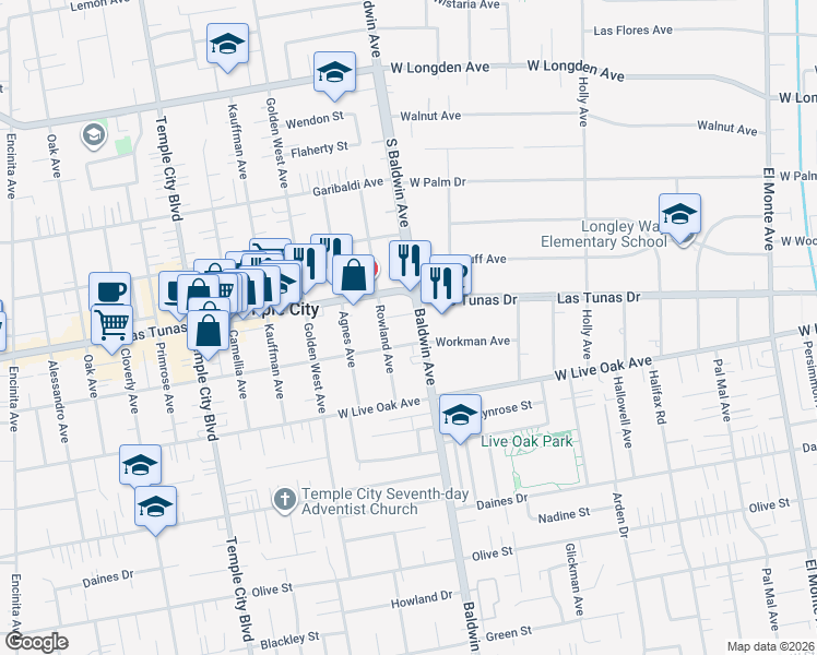 map of restaurants, bars, coffee shops, grocery stores, and more near 5819 Baldwin Avenue in Temple City