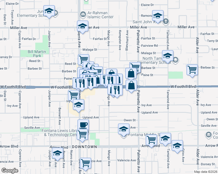 map of restaurants, bars, coffee shops, grocery stores, and more near Foothill Blvd & Mango Ave in Fontana
