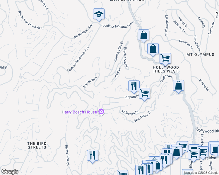 map of restaurants, bars, coffee shops, grocery stores, and more near 2012 Stanley Hills Drive in Los Angeles